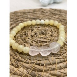 Bracelet en Jade Jaune 6 mm et perles en forme de coeur Quartz rose