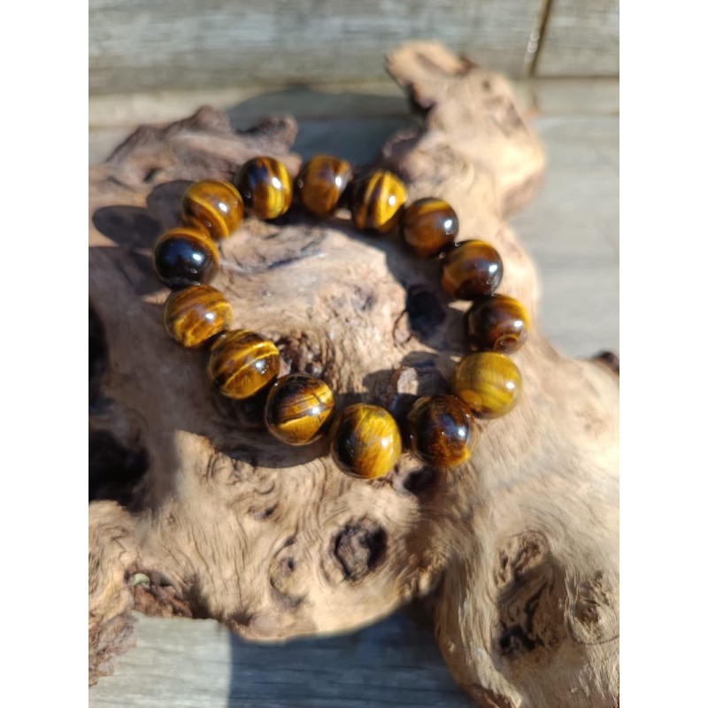 Bracelet en grosses perles de 14 mm en Œil de tigre naturel, bijou de protection et de confiance en soi en lithothérapie.
